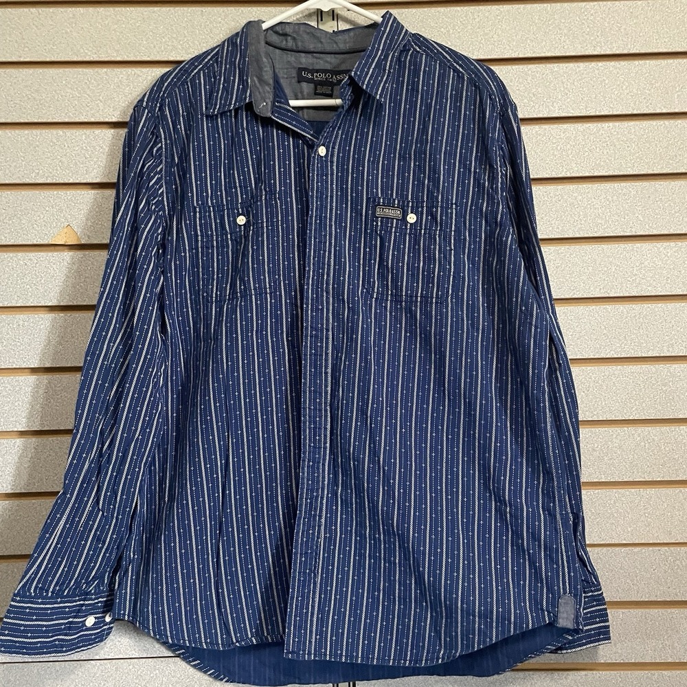 Men's‎ US Polo Association Blue White Striped Long Sleeve Button Up Shirt Sz XL